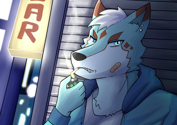 anthro band-aid bandage clothing detailed_background eyebrows fur hair highlights_(coloring) hoodie lighter male multicolored_body multicolored_fur multicolored_hair night piercing shirt smoking solo thick_eyebrows topwear v-neck white_clothing white_hair white_shirt white_topwear dragokaizer666 minato_(dragokaizer) canid canine canis domestic_dog husky mammal nordic_sled_dog siberian_husky spitz absurd_res hi_res