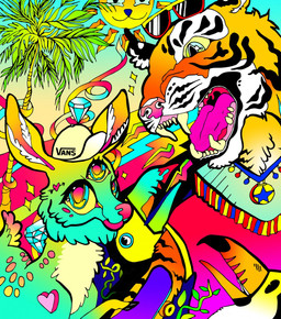 3_eyes :3 abstract_background ambiguous_gender arrow_through_heart baseball_cap black_body black_fur black_stripes clothing detailed_background diamond_(gem) diamonds_(suit) duo_focus eyewear fangs feral fur gem group hat headgear headwear heart_(marking) heart_symbol looking_at_viewer markings multi_eye multicolored_body multicolored_eyes multicolored_fur open_mouth orange_body orange_fur pink_nose plant psychedelic size_difference skateboard sparklefur spots spotted_body spotted_fur star striped_body striped_fur stripes suit_symbol sun sunglasses superflat surrealism teeth text text_on_baseball_cap text_on_clothing text_on_hat text_on_headwear tongue toony tree tropical vehicle what white_body white_fur yellow_body yellow_fur clara_bacou vans_(brand) avian bird deer felid keel-billed_toucan mammal pantherine piciform tiger toucan true_toucan colorful_theme hi_res