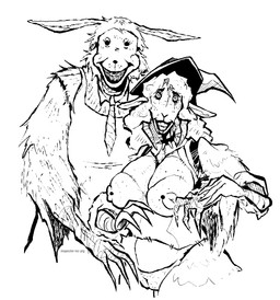 accessory anthro big_breasts breasts claws clothing collar duo female genitals hair hat headgear headwear horn looking_at_viewer male male/female mask necktie nipples nude simple_background spiked_collar spikes standing teeth thick_thighs vulva inspectormcpig the_walten_files lorenzo_waterman_(the_walten_files) pumpkin_rabbit rachel_waterman_(the_walten_files) sheep_witch_(twf) bovid caprine lagomorph leporid mammal rabbit sheep monochrome
