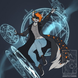 4_toes 5_fingers action_pose anthro arm_markings arm_tuft barefoot belt belt_buckle big_tail biped black_background black_body black_claws black_ears black_eyebrows black_fur black_nose black_tail black_tuft blue_bottomwear blue_clothing blue_jeans blue_pants bottomwear buckle cheek_tuft chest_tuft claws clothed clothed_anthro clothed_male clothing coat collared_shirt countershade_face countershade_feet countershade_fur countershade_hands countershade_neck countershade_tail countershade_torso countershading cute_fangs denim denim_bottomwear denim_clothing dotted_background dress_shirt ear_piercing eyebrows facial_markings facial_tuft fangs feet finger_claws fingerpads fingers foot_markings front_view fully_clothed fully_clothed_anthro fully_clothed_male fur fur_markings fur_tuft gradient_background green_eyes grey_background grey_belt grey_body grey_clothing grey_coat grey_countershading grey_fur grey_inner_ear grey_inner_ear_fluff grey_shirt grey_tail grey_text grey_topwear grey_tuft hair head_markings humanoid_hands humanoid_heel industrial_piercing inner_ear_fluff iris jeans leg_markings long_tail magic magic_circle magic_user male male_anthro markings monotone_hair multicolored_body multicolored_fur multicolored_tail open_mouth open_smile orange_hair orange_markings orange_spots pants pattern_background pawpads piercing pose pupils shirt short_hair simple_background smile solo spots spotted_body spotted_fur spotted_markings spotted_tail tail tail_markings teeth text toes topwear tuft whisker_spots blackwolf275 riley_collins(asrielth3f0x) canid canine fox mammal red_fox true_fox 1:1 2023 absurd_res artist_name dated english_description full-length_portrait hi_res portrait watermark
