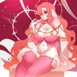 5_fingers anthro belly big_breasts breasts clothed clothing countershading female fingers flower fur green_eyes hair happy long_hair plant rose_(flower) scut_tail short_tail smile solo tail white_body 009w hare lagomorph leporid mammal 1:1 absurd_res hi_res