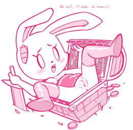 4_fingers ambiguous_gender anthro anus blush blush_lines bodily_fluids buckteeth carrot_hairclip coin exclamation_point eyelashes female female_anthro fingers flat_chested genitals holding_melee_weapon holding_object holding_sword holding_weapon humanoid_genitalia humanoid_vulva melee_weapon nipples open_mouth pink_blush pink_line_art pink_text pink_tongue saliva saliva_string simple_background solo spread_legs spreading sword sword_in_ground teeth text tongue vulva weapon white_background young young_anthro young_female gaturo carrol_(oversleeper) lagomorph leporid mammal mimic mimic_chest rabbit 2025 colored_line_art digital_drawing_(artwork) digital_media_(artwork) english_text hi_res