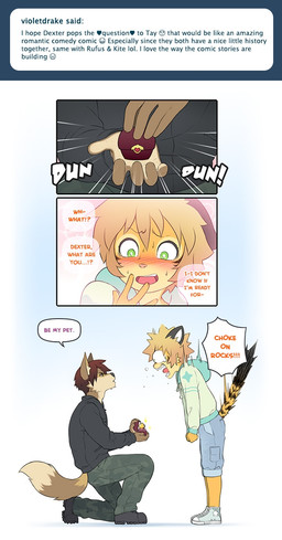 angry anthro blush bodily_fluids bottomwear brown_body brown_fur clothing dialogue fur green_eyes hair humor jacket male marriage_proposal orange_body orange_fur pants short_hair sweat text topwear powfooo dexter_(powfooo) tay_(powfooo) canid canine canis felid mammal pantherine tiger wolf 2014 comic digital_media_(artwork) english_text hi_res