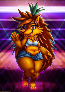 anthro bottomwear breasts brown_hair clothing crop_top deep_navel female fur hair hotpants midriff multicolored_body multicolored_fur navel orange_body orange_fur overweight overweight_anthro overweight_female panties red_eyes shirt shorts small_breasts solo text thick_thighs topwear two_tone_body two_tone_fur underwear wide_hips viroveteruscy warning_cream_filled pineapple_(viroveteruscy) eulipotyphlan hedgehog mammal 2026 absurd_res artist_name digital_media_(artwork) hi_res