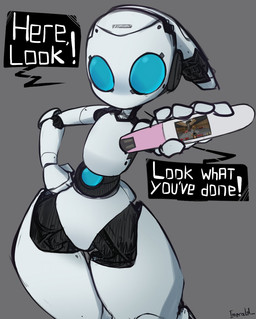 5_fingers ambiguous_gender biped blue_eyes dialogue exclamation_point female fingers fist grey_background hand_on_hip holding_pregnancy_test looking_at_viewer machine pregnancy_test simple_background solo speech_bubble standing talking_to_viewer text white_body white_text wide_hips imerald disney doom_(series) fireball_(disney) id_software microsoft drossel_von_flugel_(fireball) humanoid robot 2026 english_text hi_res signature