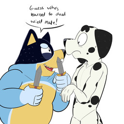 anthro black_body black_ears black_eyes black_fur black_nose black_spots black_tail blue_body blue_fur dagger double_chin dual_wielding duo eye_contact fur half-closed_eyes holding_dagger holding_daggers holding_melee_weapon holding_object holding_weapon looking_at_another male markings melee_weapon multicolored_body multicolored_fur narrowed_eyes obese obese_anthro obese_male overweight overweight_anthro overweight_male side_view speech_bubble spots spotted_body spotted_fur standing surprised tail teeth text tongue two_tone_body two_tone_fur two_tone_tail weapon white_body white_fur white_tail yellow_body yellow_fur beargarbage bluey_(series) bandit_heeler frank_(bluey) australian_cattle_dog canid canine canis cattledog dalmatian domestic_dog herding_dog mammal pastoral_dog 1:1 2022 digital_media_(artwork) english_text hi_res