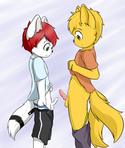 animal_genitalia animal_penis anthro balls bodily_fluids canine_genitalia canine_penis clothed clothing comparing comparing_penis duo erection foreskin frottage genital_fluids genitals green_eyes humanoid_genitalia humanoid_penis knot male male/male partially_clothed penile penis penises_touching playing precum precum_string sex shota show_me_yours string young young_anthro young_male young_on_young khaimera beluinus winter_nicolau canid canine canis fox mammal wolf absurd_res hi_res