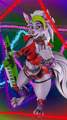 4_toes amber_eyes anthro arm_warmers armwear belt big_breasts bottomwear bracelet breasts claws clothed clothing collar crop_top devil_horns_(gesture) digitigrade ear_piercing ear_ring eyeshadow fangs feet female gesture glistening glistening_body green_claws grey_body hair halftone_background hand_gesture happy high-angle_view holding_keytar holding_musical_instrument holding_object hotpants jewelry keyboard_instrument keytar knee_pads leg_warmers legwear lips long_hair looking_at_viewer looking_up looking_up_at_viewer machine makeup midriff musical_instrument open_mouth open_smile pattern_arm_warmers pattern_armwear pattern_background pattern_clothing pattern_leg_warmers pattern_legwear piercing purple_arm_warmers purple_armwear purple_clothing purple_eyeshadow purple_leg_warmers purple_legwear purple_lips red_bottomwear red_clothing red_shirt red_shorts red_topwear ring_piercing sharp_teeth shirt shorts shoulder_pads simple_background smile smiling_at_viewer solo spiked_belt spiked_bracelet spiked_collar spikes standing striped_arm_warmers striped_armwear striped_clothing striped_leg_warmers striped_legwear stripes tail teeth thick_thighs toes topwear white_hair yellow_eyes stikcs mayosplash_(modeler) five_nights_at_freddy's five_nights_at_freddy's:_security_breach scottgames steel_wool_studios roxanne_wolf animatronic canid canine canis mammal robot wolf 3d_(artwork) 4k 9:16 absurd_res digital_media_(artwork) full-length_portrait halftone hi_res huge_filesize mixed_media portrait