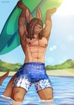 abs anthro areola athletic athletic_anthro athletic_male beach clothed clothing fingers fur hair hair_over_eyes holding_object holding_surfboard male navel nipples outside partially_submerged pecs sand smile solo standing surfboard swimming_trunks swimwear tail teeth water kastoluza kangaroo macropod mammal marsupial absurd_res digital_media_(artwork) hi_res