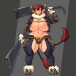 2_tails big_breasts bottomwear breasts bulge cleavage cleaver_(weapon) clothed clothing curvy_figure dual_wielding ear_piercing facial_scar gloves gynomorph hair handwear holding_object holding_weapon hooves horn huge_breasts humanoid_pointy_ears intersex jacket knife melee_weapon midriff multi_tail muscular muscular_gynomorph muscular_humanoid muscular_intersex navel panties pants piercing pointy_ears red_hair scar short_hair solo tail tail_tuft topwear tuft underwear voluptuous weapon yellow_eyes hataraki_ari shimomo animal_humanoid bovid bovid_humanoid bovine bovine_humanoid cattle_humanoid humanoid mammal mammal_humanoid 1:1 hi_res