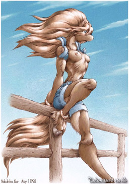 against_fence against_surface anthro blue_sky bottomwear breasts clothing cloud denim denim_clothing female fence hair hooves nipples outside ring shorts sky solo tail wind karabiner equid equine horse mammal 1998