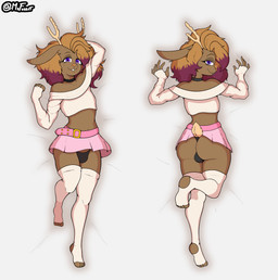anthro antlers bedroom_eyes bottomwear clothed clothing crossdressing dakimakura femboy horn male narrowed_eyes panties seductive skirt solo underwear mr_ferret harriet deer hybrid jackalope lagomorph leporid mammal rabbit absurd_res hi_res