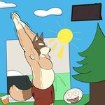 alarm_clock anthro armpit_hair bacon body_hair bottomwear brown_body brown_bottomwear brown_clothing brown_ears brown_fur brown_hair brown_nose brown_shorts brown_tail clock clothing cloud day egg exercise eyes_closed food fur glass grass hair juice_(beverage) male meat multicolored_body multicolored_bottomwear multicolored_clothing multicolored_fur multicolored_shorts multicolored_tail orange_body orange_fur orange_juice orange_tail plant plate scrambled_eggs shorts solo standing stretching sun tail teeth tongue tree two_tone_bottomwear two_tone_clothing two_tone_shorts beargarbage bluey_(series) mort_cattle australian_cattle_dog canid canine canis cattledog domestic_dog herding_dog mammal pastoral_dog 2024 digital_media_(artwork) hi_res