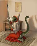 anthro barefoot big_breasts big_butt breasts butt claws feet female kneeling looking_at_viewer looking_back looking_back_at_viewer melee_weapon polearm smile smiling_at_viewer soles solo spear thick_thighs toe_claws toes weapon wide_hips tuftedears microsoft the_elder_scrolls the_lusty_argonian_maid lifts-her-tail argonian scalie