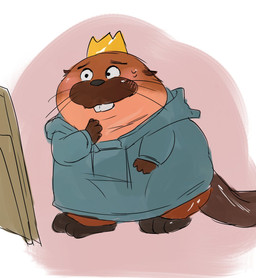 anthro blush brown_body clothing crown headgear hoodie king male royalty slightly_chubby solo standing toony topwear sushikorourcon disney hoppers_(disney) pixar king_george_(hoppers) beaver mammal rodent 2026 hi_res