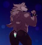 anthro beverage bottomwear bracelet bubble_tea bulge butt clothed clothing drinking_straw frown jewelry looking_back male muscular muscular_anthro muscular_male purple_eyes rear_view simple_background slightly_chubby solo sparkles spiked_bracelet spikes tight_bottomwear tight_clothing topless bcokami hands-free_bubble_tea canid canine canis mammal wolf 2019 hi_res meme