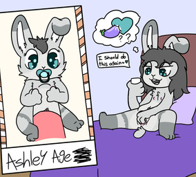 abdominal_bulge anthro baby bed female furniture male male/female masturbation pacifier solo young bunnyqueen secret_photo_challenge lagomorph leporid mammal rabbit hi_res