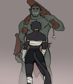 anthro armband armor bandage black_body black_fur bone bottomwear choker clothing club_(weapon) duo ear_piercing ear_ring female fur jewelry kanabō male male/female melee_weapon muscular necklace piercing ring_piercing shorts skull tusks weapon conditional_dnp pudgeruffian felid humanoid mammal orc 2022 absurd_res hi_res