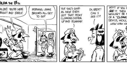 3_panel_comic anthro backwards_hat bad_joke bottomwear casual_clothing cleaning_tool cloth clothed clothed_anthro clothed_female clothed_male clothing collared_shirt dress_shirt ear_piercing ear_ring eyewear female fully_clothed fully_clothed_anthro fully_clothed_female fully_clothed_male glasses group hair hat headgear headwear horn humor joke librarian long_hair looking_at_viewer magic_user male markings mechanic mole_(marking) monkey_wrench motor_oil piercing ring_piercing shirt skirt text tools topwear trio vacuum_cleaner wearing_glasses witch wrench mellodillo henry_(vacuum) cole_(mellodillo) hilda_(mellodillo) jamie_(mellodillo) afghan_hound avian bird bovid canid canine canis caprine domestic_dog goat hunting_dog mammal sighthound 2026 black_and_white comic english_text hi_res monochrome multiple_scenes