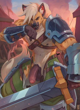 action_pose anthro armor balls big_penis blood blood_from_mouth blood_in_mouth bodily_fluids bottomwear brown_body brown_fur clothing fire foreskin fur genitals hair holding_melee_weapon holding_object holding_sword holding_weapon humanoid_genitalia humanoid_penis looking_at_viewer male markings melee_weapon muscular muscular_anthro muscular_male outside pants pauldron penis pose smoke solo spots spotted_body spotted_fur sword tent torn_bottomwear torn_clothing torn_pants vein veiny_penis weapon white_hair wiping_mouth sinsquared karn_grimfang gnoll hyena mammal hi_res