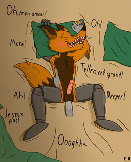 amputee anal anal_penetration anthro anus balls bed bedding begging_for_more blanket bodily_fluids cum cum_while_penetrated cumshot dialogue disability duo ejaculation eyes_closed first_person_view french fur furniture genital_fluids genitals hand_holding holding_object holding_pillow human_on_anthro interspecies looking_pleasured lying male male/male moan navel on_back penetration penis pillow prosthetic prosthetic_arm prosthetic_leg prosthetic_limb sex tail teeth teeth_showing text erotic_diversion oldentale anon anonymous_character reynault_(oldentale) canid canine enfield fox human mammal english_text hi_res