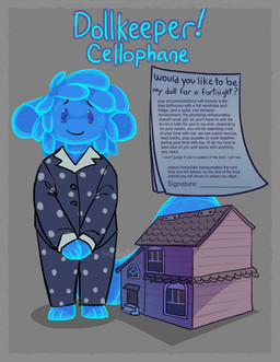 ambiguous_gender anthro blue_body border bubble building clasped_hands clothed clothing contract dollhouse dot_eyes dreadlocks eye_bags fully_clothed gentle_giant grey_border house macro noseless pajamas paper simple_eyes slime smile solo standing text translucent translucent_body lizards0ck cellophane_(lizards0ck) goo_creature 2026 colored english_text hi_res shaded agender_(lore)