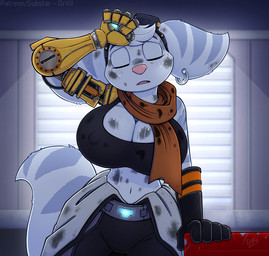 anthro big_breasts bodily_fluids breasts cleavage clothed clothing cybernetic_arm cybernetic_limb ear_piercing eyewear eyewear_on_head female fingers fur goggles goggles_on_head huge_breasts midriff navel nipple_outline oil open_mouth partially_clothed piercing prosthetic prosthetic_limb ring_piercing solo stripes sweat wiping_forehead drxii ratchet_and_clank sony_corporation sony_interactive_entertainment rivet_(ratchet_and_clank) lombax mammal 2026 digital_media_(artwork) hi_res