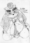 anthro balls barazoku bodily_fluids clothing cum genital_fluids genitals hat headgear headwear male overweight overweight_anthro overweight_male penis police solo konbu alice_detective_bureau inspector_arai mammal procyonid raccoon 2015 hi_res monochrome