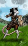 anthro armor black_hair clothed clothing dappled_fur detailed_background female fighting_pose grass hair holding_object holding_weapon leather leather_armor leather_clothing melee_weapon outside plant pose shield solo sword warrior weapon wood wood_shield deerwalker mammal murid murine rat rodent hi_res signature