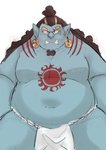 anthro asian_clothing belly blue_body clothing east_asian_clothing fangs fundoshi japanese_clothing male moobs navel overweight overweight_anthro overweight_male simple_background solo teeth underwear white_background l4zily one_piece jinbe fish-men_(one_piece) marine 2020 absurd_res hi_res