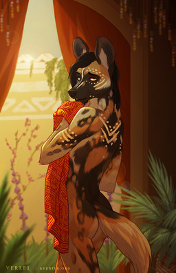 anthro bedroom_eyes black_hair butt covering covering_self curtains dreadlocks hair half-closed_eyes inside looking_at_viewer looking_back male markings medium_hair narrowed_eyes nude open_mouth open_smile rear_view seductive smile solo standing towel tribal tribal_markings felixavenier african_wild_dog canid canine mammal