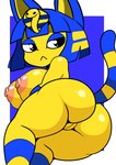 absurd_res animal_crossing ankha_(animal_crossing) anthro big_breasts big_butt blue_background blue_hair breasts butt cel_shading female furry_funnychan genitals hair hi_res lying nintendo nipples nude nude_anthro nude_female on_side pussy rear_view shaded short_hair simple_background solo tail thick_thighs wide_hips yellow_body