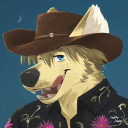 anthro blue_eyes brown_hair clothing collared_shirt cowboy_hat cowboy_outfit facial_hair fluffy fur hair hat headgear headwear licking licking_lips male medium_hair moon shirt solo stubble tan_body tan_fur tongue tongue_out topwear murkyhaze dakota_asbury canid canine canis coyote mammal 1:1 absurd_res hi_res icon portrait signature three-quarter_portrait