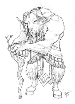 anthro braided_hair clothed clothing dreadlocks hair hooves horn simple_background smile solo staff white_background wes_talbott dungeons_and_dragons hasbro wizards_of_the_coast bovid caprine goat ibixian mammal black_and_white monochrome