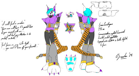 antennae_(anatomy) anthro blue_paws blue_tongue claws cursive exposed_wires female fur gold_(metal) grey_body hair light_bulb light_bulb_tail machine orange_tail paws ponytail purple_body purple_claws purple_nose solo tail text tongue unusual_anatomy unusual_tail whiskers white_body white_fur wire kleinefuchs capcom mega_man_(series) mega_man_x_(series) eris_lucilynx_(kleinefuchs) maverick_(mega_man) reploid robot robot_anthro model_sheet