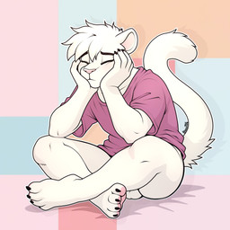 abstract_background anthro balls black_eyebrows blue_background blush bored bottomless bottomless_anthro bottomless_male butt cat_tail claws clothed clothing crossed_legs ear_blush elbows_on_knees elbows_on_legs eyebrows eyes_closed face_in_hands feet feline_tail finger_claws fluffy fluffy_tail fur genitals hair hand_on_cheek hand_on_chin hand_on_own_cheek hand_on_own_chin hindpaw humanoid_feet humanoid_genitalia humanoid_hands long_tail male messy_hair multicolored_feet orange_background outline pastel_background pawpads paws pink_background pink_clothing pink_nose pink_pawpads pink_shirt pink_t-shirt pink_topwear plantigrade red_background shirt shy simple_background sitting sitting_on_ground solo t-shirt tail text toe_claws topwear white_arms white_balls white_body white_butt white_chest white_ears white_face white_feet white_finger_claws white_fur white_genitals white_hair white_hands white_inner_ear white_legs white_neck white_outline white_snout white_tail white_toe_claws white_torso biscuits_(artist) snowy_nyx american_shorthair domestic_cat felid feline felis mammal 1:1 2026 absurd_res artist_name digital_drawing_(artwork) digital_media_(artwork) hi_res pastel_theme