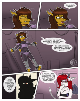 armor border dialogue duo eyewear female female/female glasses restrained restrained_arms restrained_legs text white_border chocend mythology lilith_(chocend) bat dragon gold_dragon humanoid mammal mythological_creature mythological_scalie scalie absurd_res comic english_text hi_res