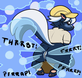 ambiguous_gender anthro big_butt blue_body blue_fart_cloud blue_fur blush butt clothing duo facesitting fart fart_cloud fart_fetish farting_on_another farting_on_face flat_cap fur hat headgear headwear male male/ambiguous male_farting onomatopoeia pawpads paws pink_nose pink_pawpads purple_eyes raised_tail simple_background sitting_on_another sound_effects stripes tail tan_clothing text unusual_fart derpaggedon animal_crossing nintendo kicks_(animal_crossing) villager_(animal_crossing) human mammal mephitid skunk striped_skunk absurd_res hi_res