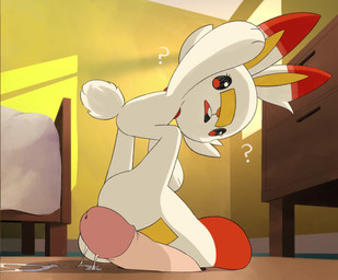 ambiguous_gender band-aid bandage bed bodily_fluids erection feet furniture genital_fluids genitals heart_symbol humanoid_genitalia inside open_mouth penis precum question_mark standing stepping_on_genitals tail white_body young sock-eater nintendo pokemon generation_8_pokemon human lagomorph leporid mammal pokemon_(species) scorbunny 2025 animated loop no_sound short_playtime webm