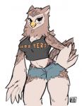 anthro avian beak bird bottomwear breasts brown_body brown_feathers cleavage clothed clothing denim denim_clothing english_text feathers female great_horned_owl hooters horned_owl humor mittensmcgee non-mammal_breasts owl pun sarah_(mittensmcgee) shirt shorts simple_background solo tan_body tan_feathers tank_top text text_on_clothing text_on_shirt text_on_tank_top text_on_topwear topwear true_owl white_background