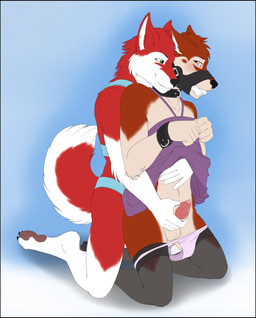 amber_eyes anthro balls black_border blush bodily_fluids bone border brown_body brown_fur clothed clothing clothing_lift collar crossdressing cum duo erection feet femboy fluffy fluffy_tail fur genital_fluids genitals green_eyes handjob hindpaw kneeling legwear male male/male muzzle_(object) muzzled panties paws penile penis precum reach_around red_body red_fur sex shirt shirt_lift stockings tail topwear underwear accelo gauge_(character) alaskan_malamute canid canine canis domestic_dog mammal nordic_sled_dog spitz 2012 hi_res