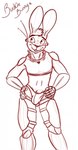 anthro arm_tuft armor belly_tuft biped bottomwear bulge clothing hand_on_hip inner_ear_fluff legwear long_ears looking_aside male neck_tuft protective_eyewear shoulder_tuft solo topwear tuft bucklebunny lagomorph leporid mammal rabbit digital_media_(artwork) guide_lines hi_res monochrome red_and_white signature sketch