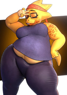 4_fingers anthro belly belly_overhang buckteeth clothing countershade_hands countershading eyewear female fingers gesture glasses hand_gesture markings pose scales shirt slightly_chubby slightly_chubby_anthro slightly_chubby_female smile solo spots spotted_body spotted_scales tank_top teeth thick_thighs topwear v_sign wide_hips yellow_body yellow_scales anaroth twilightv0ids_(modeler) undertale_(series) alphys lizard reptile scalie 2026 3d_(artwork) digital_media_(artwork) hi_res