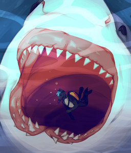 anthro duo extreme_size_difference feral male open_mouth scuba sea size_difference swallow_whole teeth underwater vore water wetsuit lionfloof aquatic canid canine canis fish great_white_shark mackerel_shark mammal shark white_shark wolf 2025 hi_res