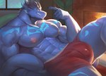 abs anthro big_muscles big_pecs blue_body blue_scales bulge clothed clothing fire fireplace grin horn jewelry male muscular muscular_anthro muscular_male necklace nipples non-mammal_nipples pecs reclining scales smile solo tail underwear underwear_only yellow_eyes kult2k mythology blue_dragon_(kutedragon) dragon mythological_creature mythological_scalie scalie absurd_res hi_res