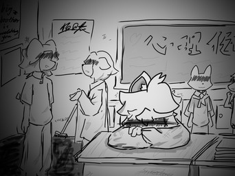 clothing desk female furniture group sad school school_uniform table text uniform jiangter panra bovid canid canine canis caprine humanoid lagomorph leporid mammal rabbit sheep wolf chinese_text monochrome