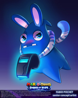 ambiguous_gender blue_background blue_body blue_eyes blue_skin blue_stripes blush buckteeth_(lower_incisors) collar copyright_symbol featureless_legs flying furrowed_eyebrows light long_ears noseless quadruped simple_background solo striped_collar stripes symbol tan_eyelids tan_inner_ear text title whistle_(object) whistle_around_neck white_collar year fabio_pochet mario_plus_rabbids_sparks_of_hope nintendo ubisoft wildclaw_master spark_(mario_plus_rabbids) 2023 4:5 absurd_res artist_name colored digital_drawing_(artwork) digital_media_(artwork) english_description english_text hi_res lighting official_art shaded