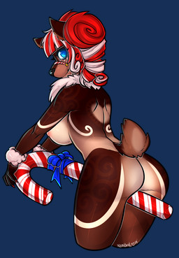 anthro black_nose blue_eyes breasts brown_body brown_fur butt candy candy_cane dessert eyelashes female food fur hair looking_at_viewer looking_back neck_tuft nipples nude red_hair ribbons short_tail side_boob simple_background smile solo straddling tail tan_body tan_fur transparent_background tuft xenthyl deer mammal new_world_deer reindeer 2014 alpha_channel digital_media_(artwork)