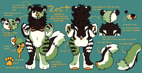 anthro bald bangs big_butt big_feet big_tail butt claws close-up crotch_tuft curly_hair double_chin dreadlocks eye_bags eyebrows eyelashes feet fluffy fluffy_tail front_view hair intersex male markings mastectomy_scar mouth_shot neopronouns nipples open_mouth pawpads paws rear_view scar simple_background slightly_chubby slightly_chubby_anthro slime solo stitch_(sewing) striped_markings stripes tail teal_background text tuft visibly_trans jackrabbit_(artist) zest_(jackrabbit) bear felid hybrid mammal mephitid pantherine skunk tiger undead zombie 2023 comic_sans detailed digital_drawing_(artwork) digital_media_(artwork) english_text flat_colors hi_res microsoft_paint_(artwork) model_sheet andromorph_(lore) nonbinary_(lore) trans_(lore) trans_man_(lore)