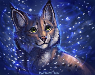 ambiguous_gender black_body black_fur black_lips brown_body brown_fur brown_spots detailed_background ear_tuft feral fur green_eyes inner_ear_fluff lips long_mouth looking_up markings nature night no_sclera outside pink_nose smile snout snow snowflake snowing solo speedpaint spots spotted_body spotted_fur tan_body tan_fur tuft whiskers white_body white_fur wind flashw felid feline lynx mammal 2016 detailed digital_media_(artwork) digital_painting_(artwork) half-length_portrait painting_(artwork) portrait